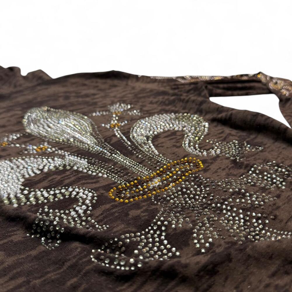 Y2K Sheer 2000s Brown rhinestone fleur de lis long sleeve top hood Mcbling large - Picture 3 of 7